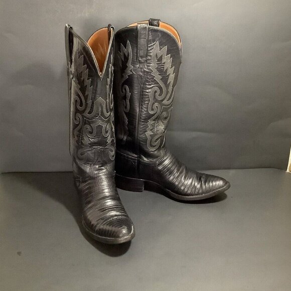 LUCCHESE Cowboy Boots Black Lizard Leather Size Men’s 5 / Women’s 6.5/7 - Picture 4 of 8